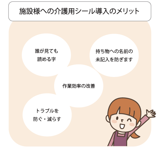 施設様への介護用シール導入のメリット 誰が見ても読める字 持ち物への名前の未記入を防ぎます 作業効率の改善 トラブルを防ぐ・減らす