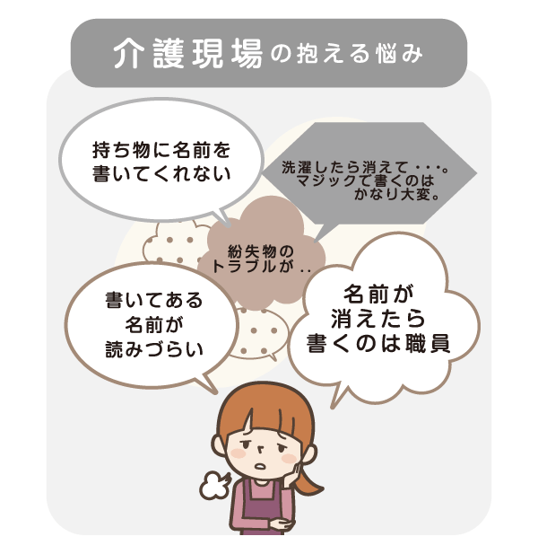 介護現場の抱える悩み 持ち物に名前を書いてくれない 書いてある名前が読みづらい 紛失物のトラブルが.. 洗濯したら消えて・・・。 マジックで書くのはかなり大変。 名前が消えたら書くのは職員